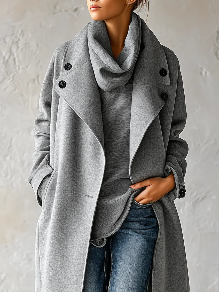 Sleek Grey Wool Coat for Women with Shawl Collar Draped Open Front Easy Mid Length Style