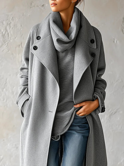 Sleek Grey Wool Coat for Women with Shawl Collar Draped Open Front Easy Mid Length Style