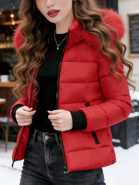 Warm Red Puffer Ski Jacket for Women with Faux Fur Hood Long Sleeve Front Zip Padded Style
