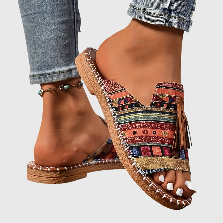 Effortless Tribal Print Toe Ring Sandal for Women with Tassel Flat Boho Style