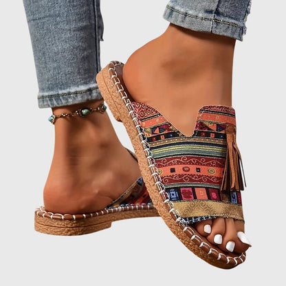 Effortless Tribal Print Toe Ring Sandal for Women with Tassel Flat Boho Style