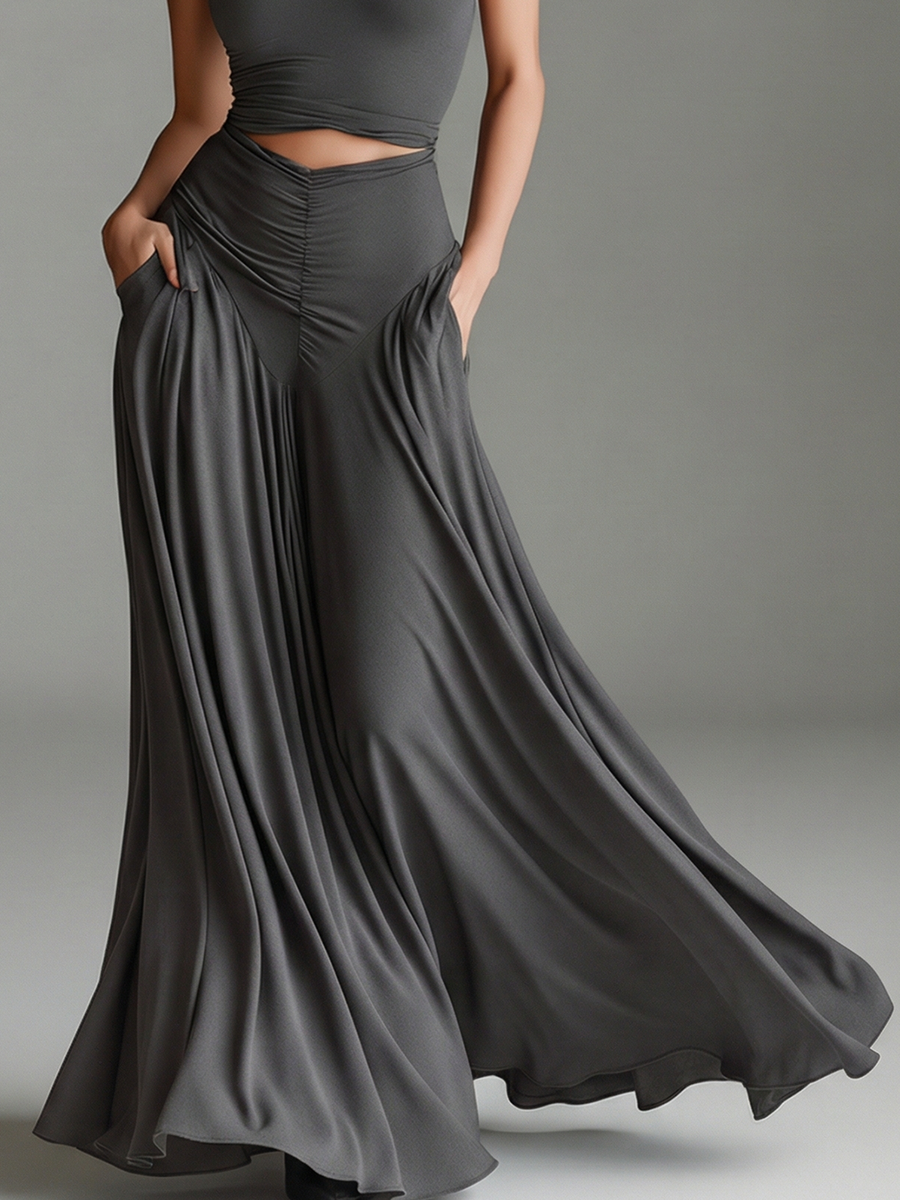 Elegant Charcoal Gray Two Piece Set for Women with Mock Neck Sleeveless Cutout Waist Flowing Style