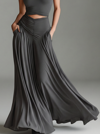 Elegant Charcoal Gray Two Piece Set for Women with Mock Neck Sleeveless Cutout Waist Flowing Style