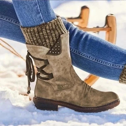 Comfortable Suede Rainproof Boots for Women with Knit Cuff Lace Up Chunky Heel Winter Style