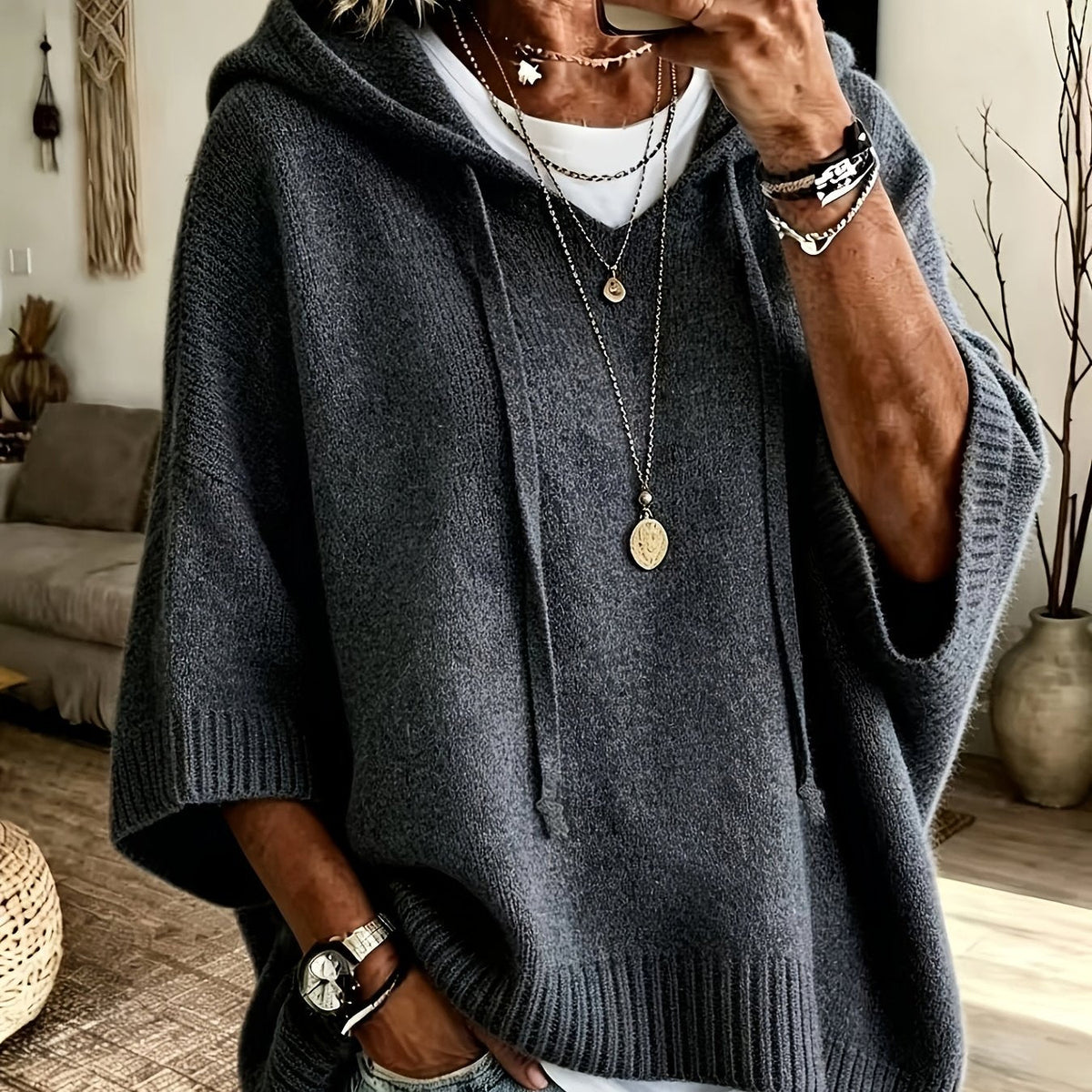 Easy Knit Oversized Hoodie for Women with Hooded Neck Half Sleeve Batwing Easy Style