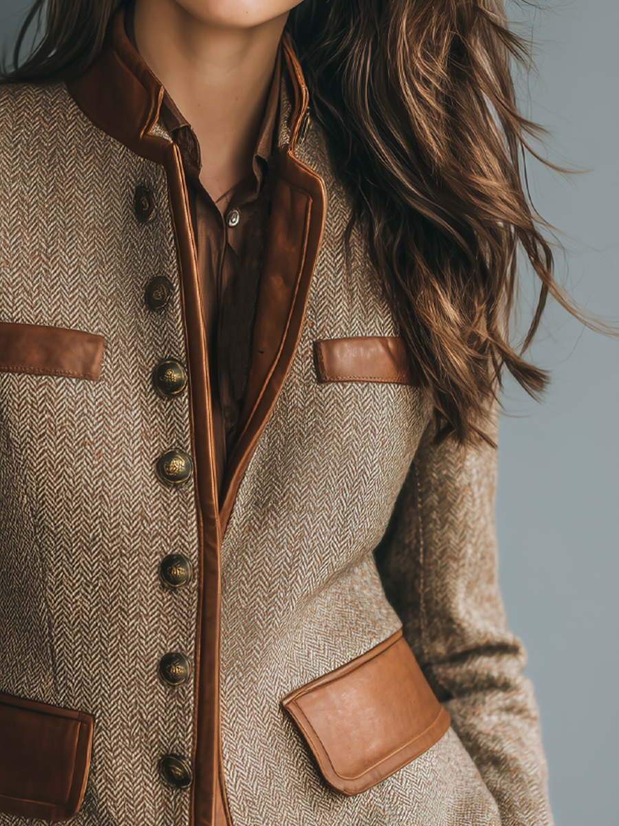 Elegant Brown Tweed Jacket for Women with Stand Collar Long Sleeve Leather Trim Fitted Style