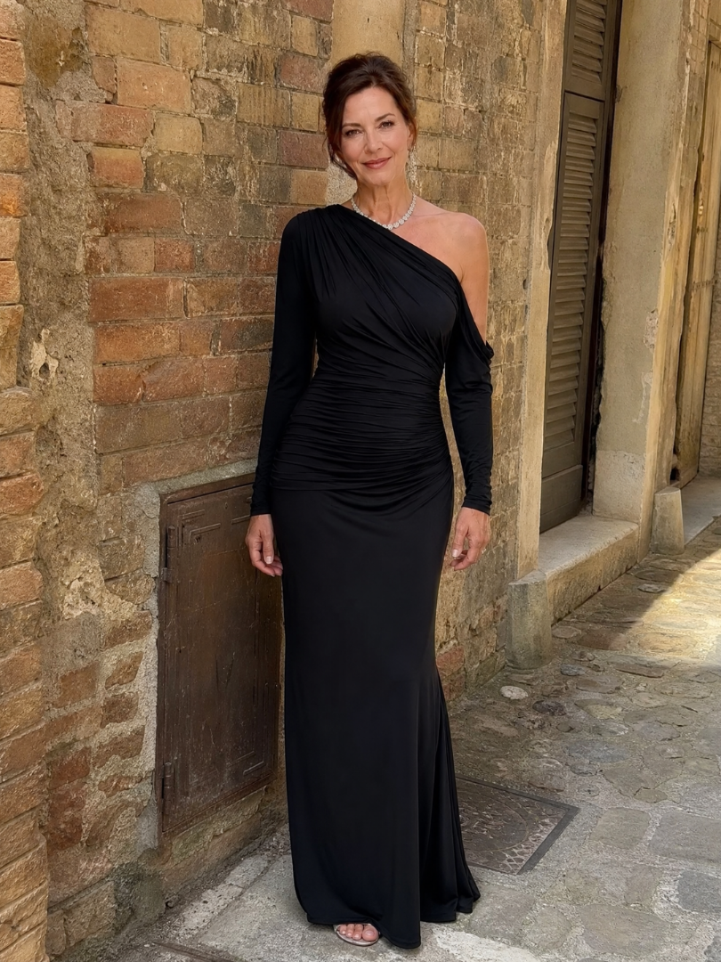Elegant Black Maxi Dress for Women with One Shoulder Long Sleeve Ruched Mermaid Formal Style