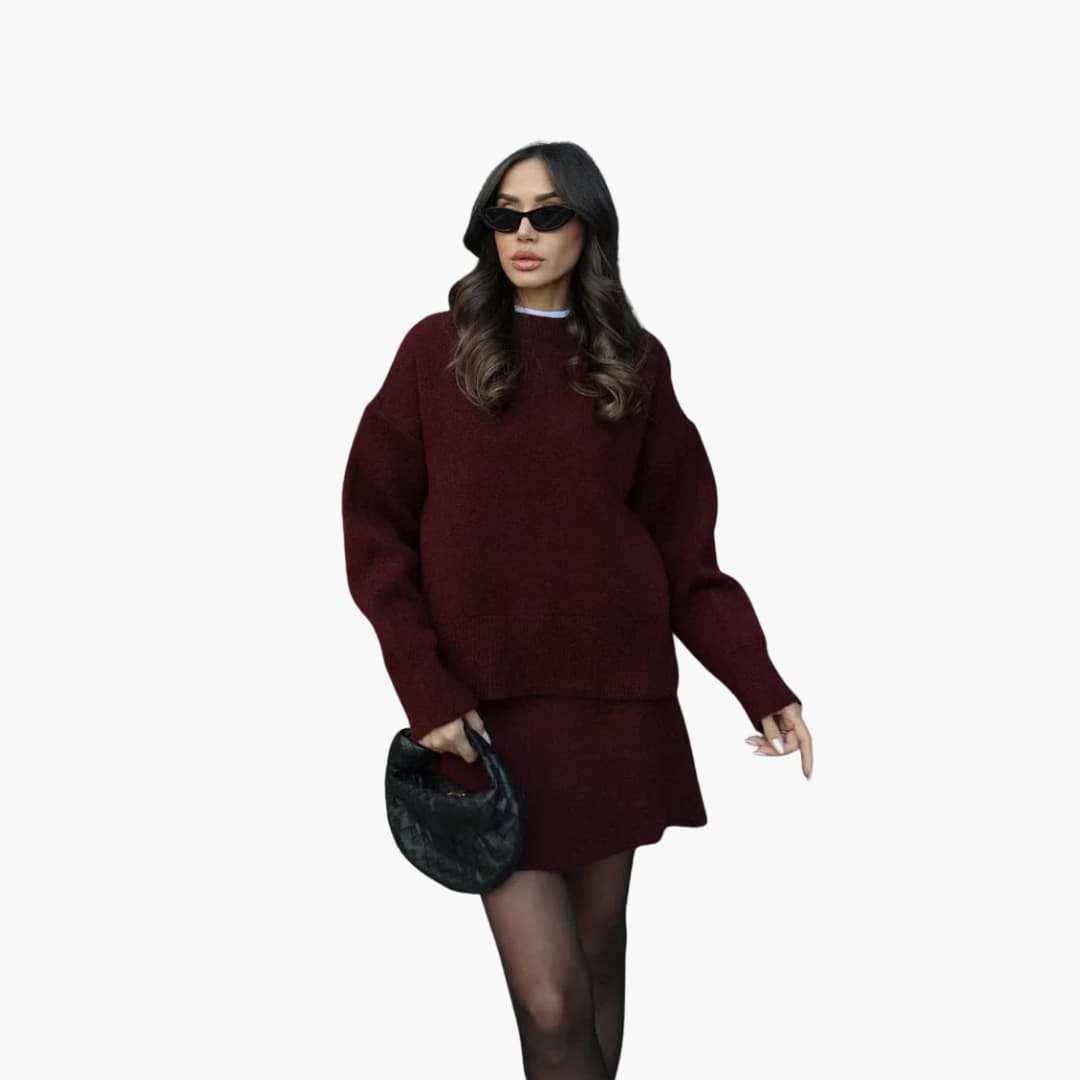 Stylish Black Knit Two Piece Set for Women with Round Neck Sweater High Waist Mini Skirt Loungewear Style