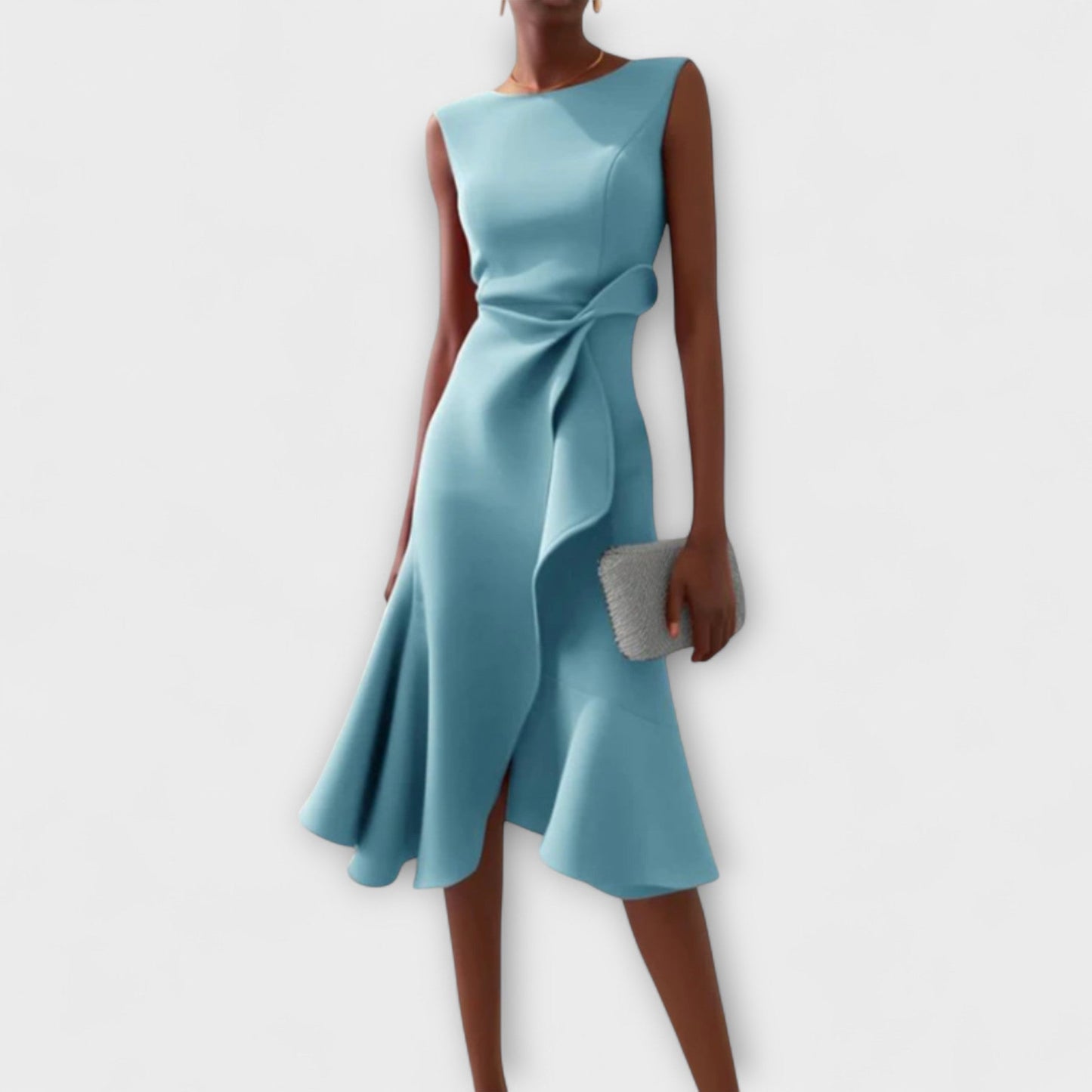 Elegant Draped Cocktail Dress for Women with Boat Neck Sleeveless Ruffle Hem Formal Party Style