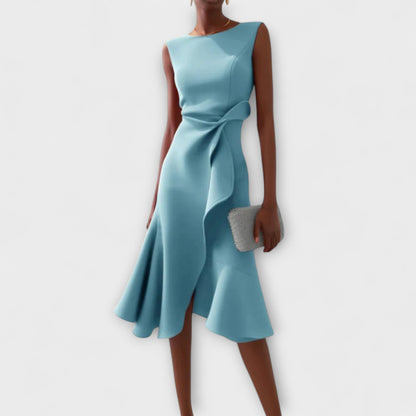 Elegant Draped Cocktail Dress for Women with Boat Neck Sleeveless Ruffle Hem Formal Party Style