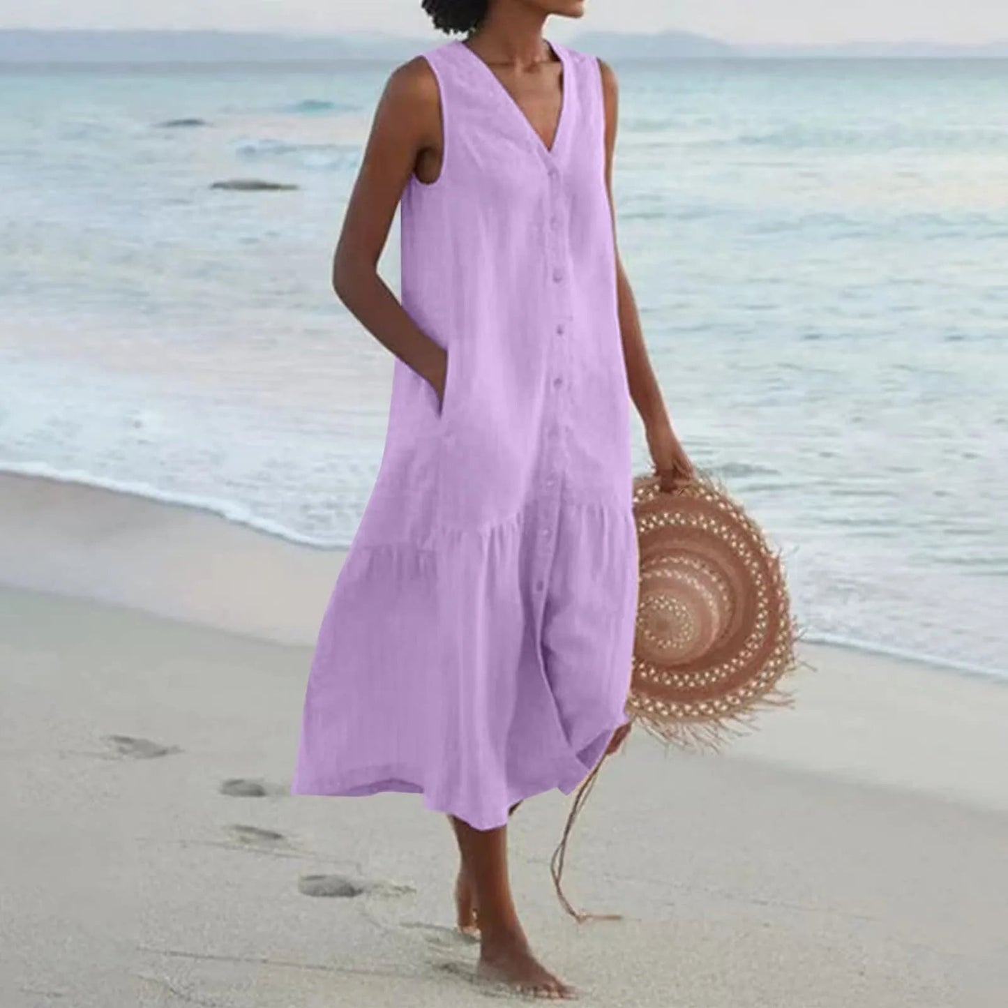Effortless Linen Maxi Dress for Women with V Neck Sleeveless Button Front Tiered Flowing Bohemian Style