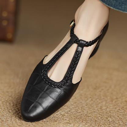 Elegant Croc Print Leather T-Strap Flats for Women with Braided Strap Pointed Toe Block Heel Style