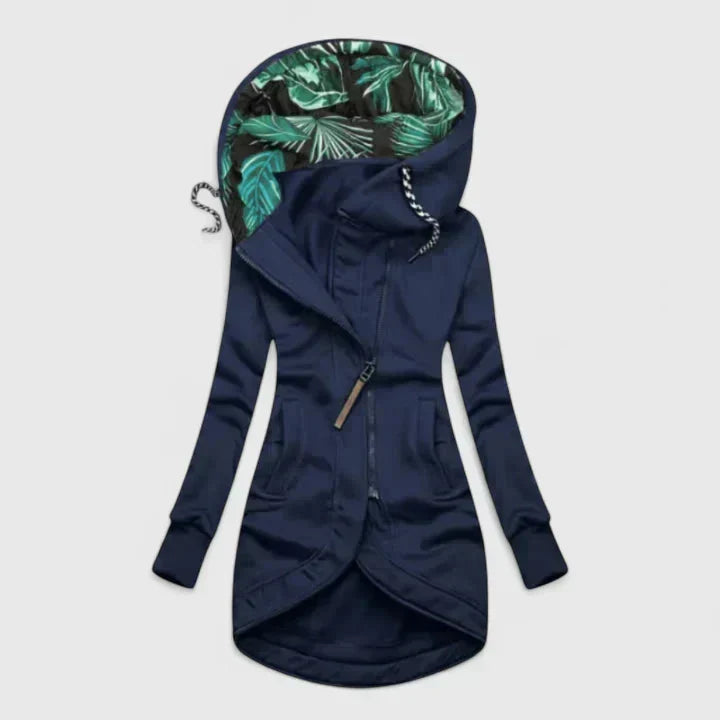 Comfortable Tropical Print Hoodie Jacket for Women with High Neck Long Sleeve Drawstring Hood Asymmetrical Hem Casual Style