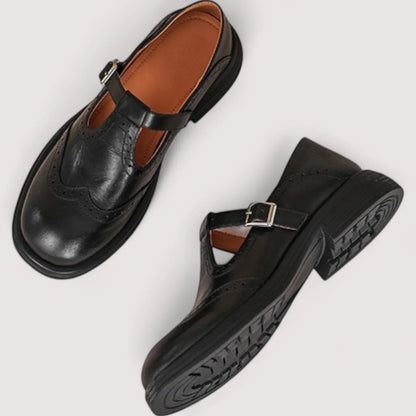 Comfortable Leather Mary Jane Shoes for Women with T Strap Buckle Wingtip Brogue Block Heel Style