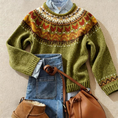 Warm Green Fair Isle Knit Sweater for Women with Round Neck Long Sleeve Nordic Pullover Cold Weather Style