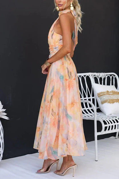 Elegant Multicolor Watercolor Floral Maxi Dress for Women with Halter Neck Sleeveless Ruched Flowing Style