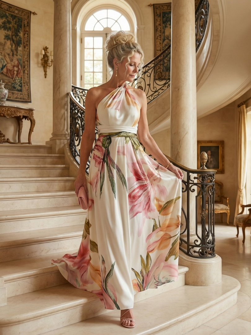 Elegant Floral Cocktail Dress for Women with One Shoulder Halter Sash Waist Flowing Maxi Style