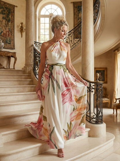 Elegant Floral Cocktail Dress for Women with One Shoulder Halter Sash Waist Flowing Maxi Style