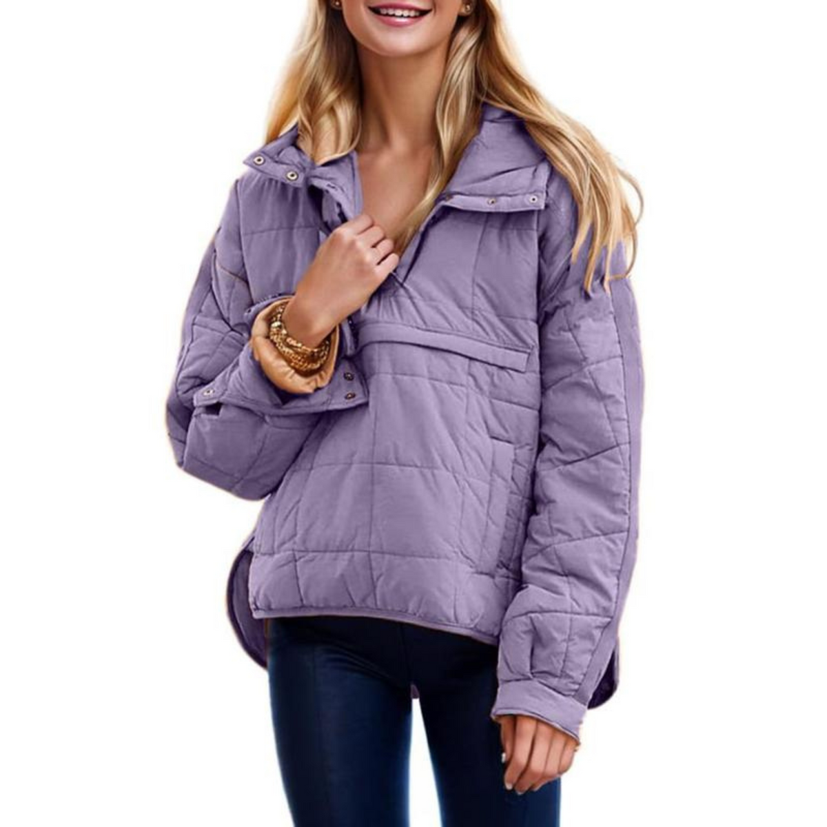 Women's Oversized Quilted Snap Collar Pullover Jacket