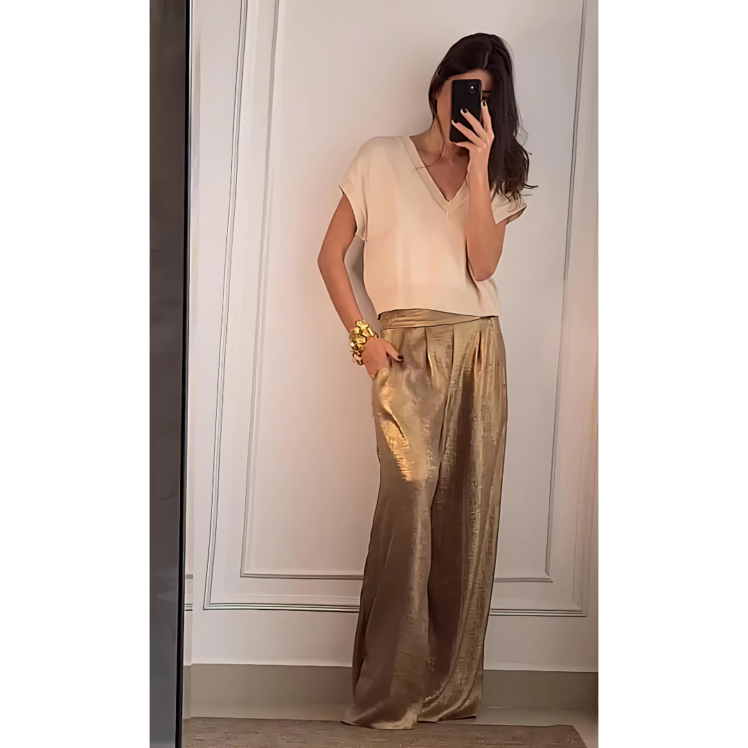 Elegant Wide Leg Pants Two Piece Set for Women with V Neck Short Sleeve Ribbed Knit Relaxed Style