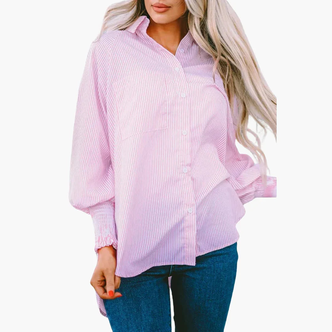 Effortless Striped Oversized Shirt for Women with Collar Long Sleeve Smocked Cuff Relaxed Style