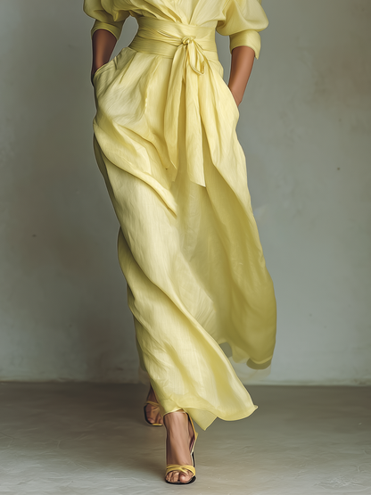 Elegant Yellow Linen Maxi Dress for Women with Collar Wrap Elbow Sleeve Flowing Style
