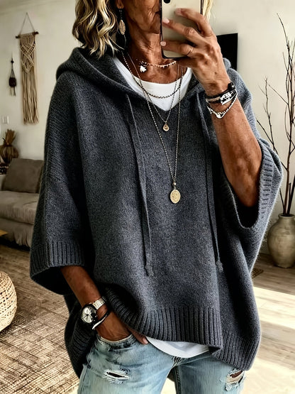 Easy Knit Oversized Hoodie for Women with Hooded Neck Half Sleeve Batwing Easy Style