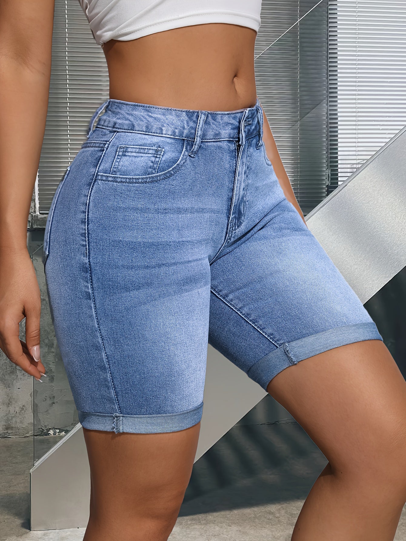 Effortless Blue Denim Bermuda Shorts for Women with High Waist Rolled Cuff Relaxed Casual Style