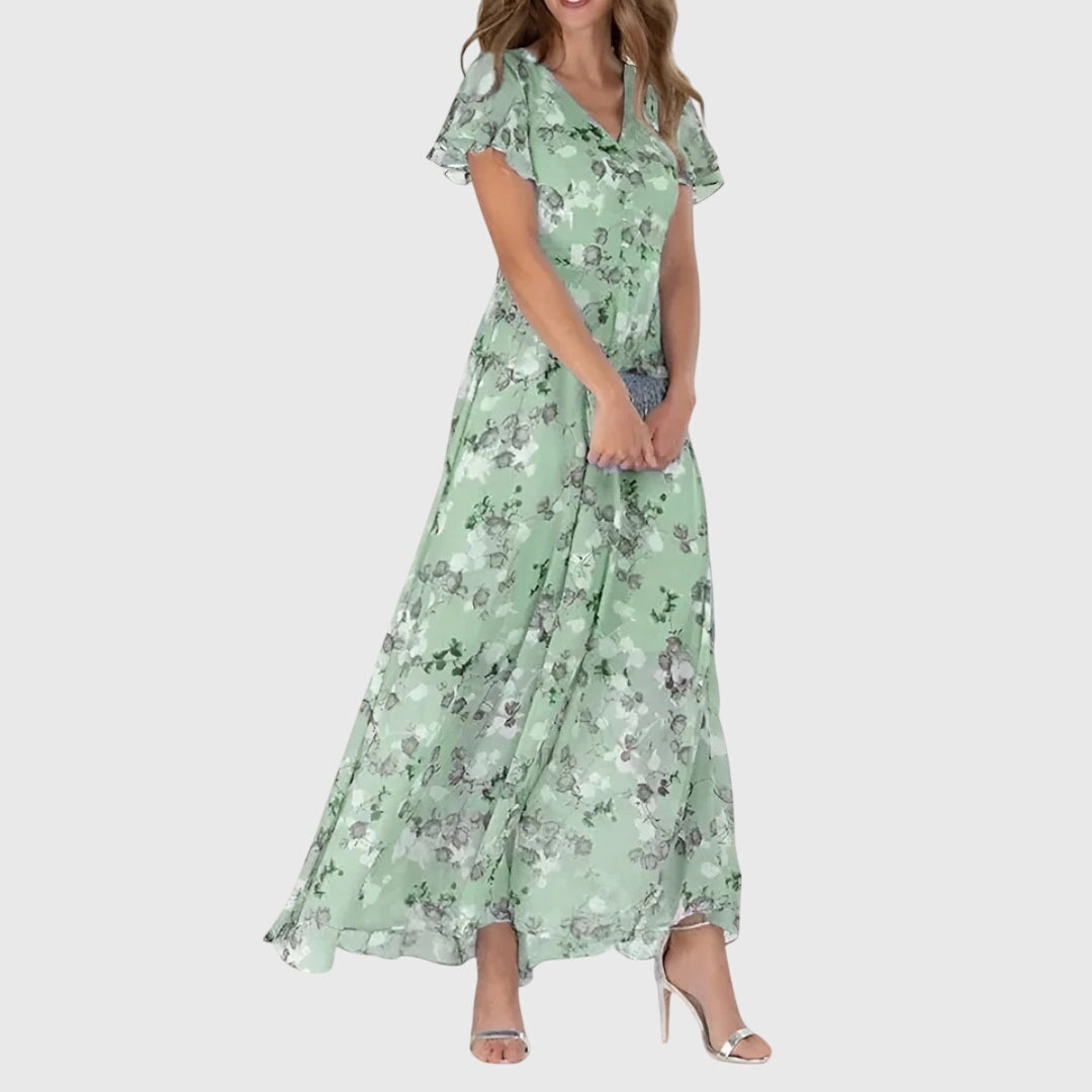 Effortless Floral Maxi Dress for Women with V Neck Flutter Sleeve Flowing Wedding Guest Style