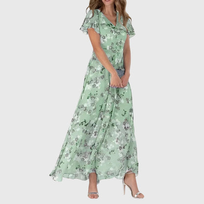 Effortless Floral Maxi Dress for Women with V Neck Flutter Sleeve Flowing Wedding Guest Style