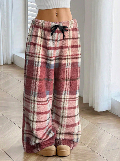 Warm Plaid Wide Leg Sweatpants for Women with Elastic Drawstring Plush Fleece Loungewear Style
