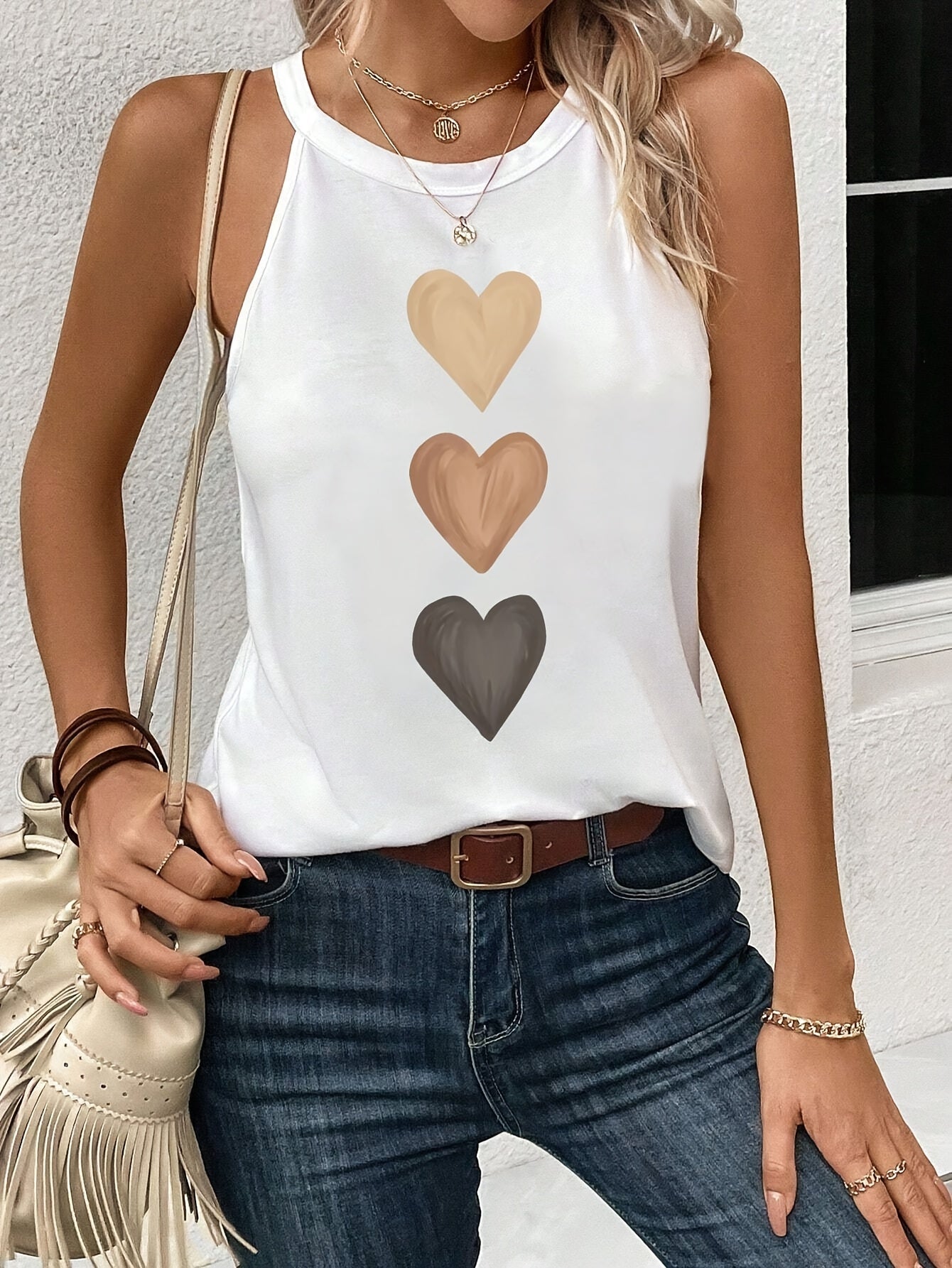 Effortless Heart Print Tank Top for Women with High Neck Sleeveless Racerback Casual Style