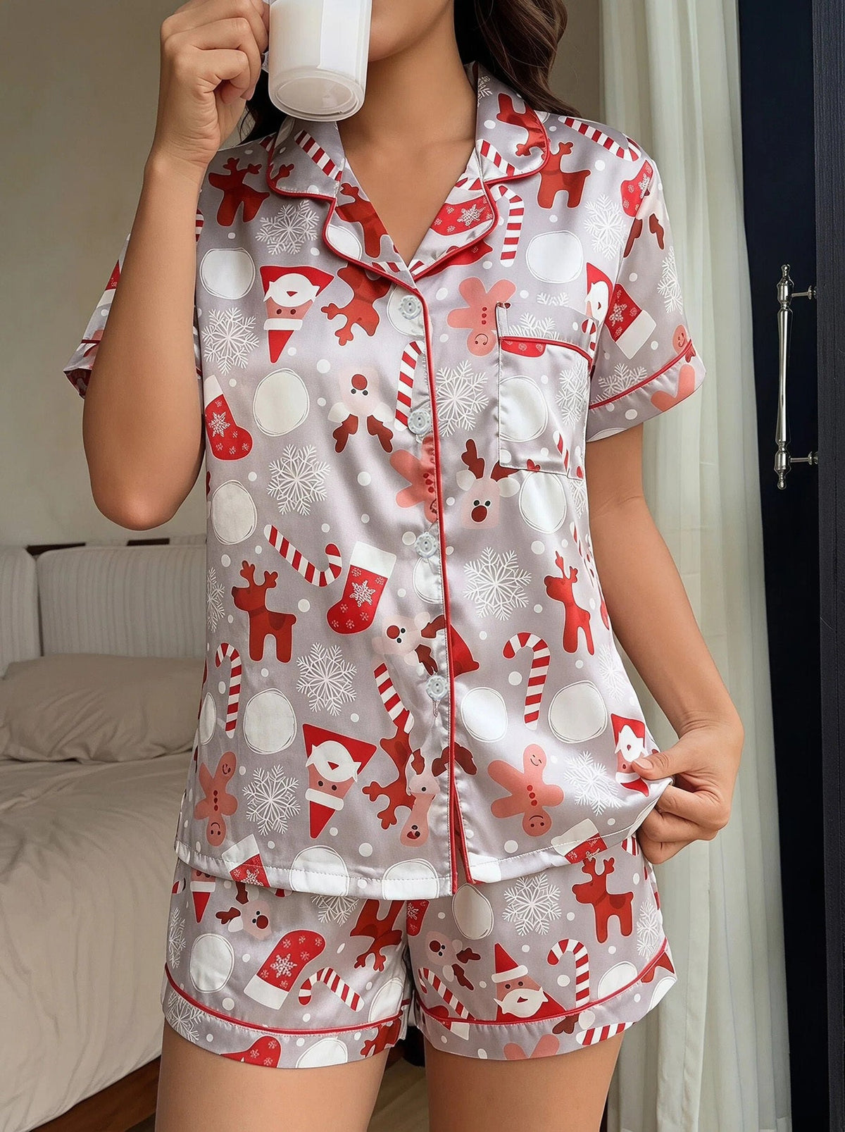 Warm Gray Satin Christmas Pajamas for Women with Notched Collar Short Sleeve Button Down Two Piece Style