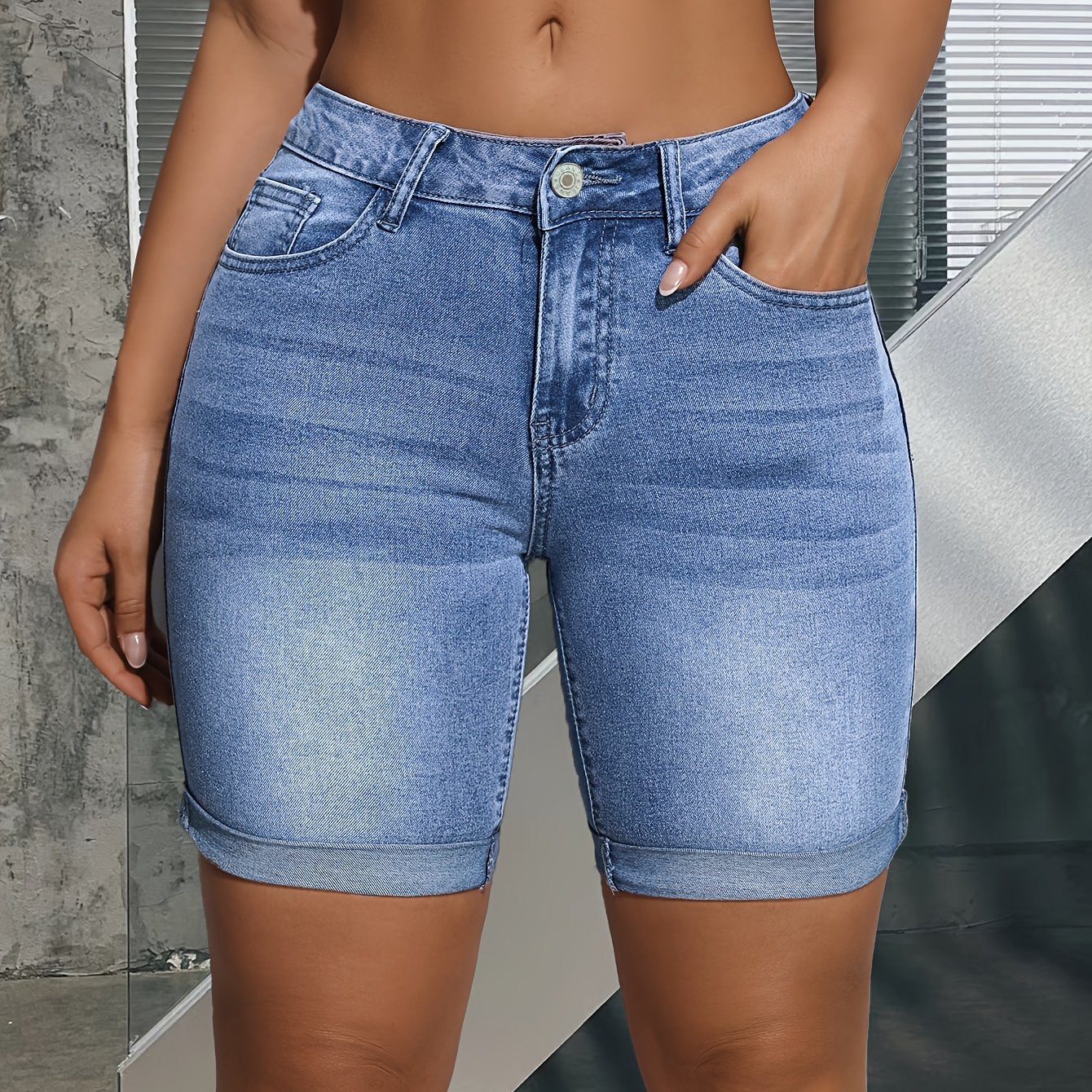 Effortless Blue Denim Bermuda Shorts for Women with High Waist Rolled Cuff Relaxed Casual Style