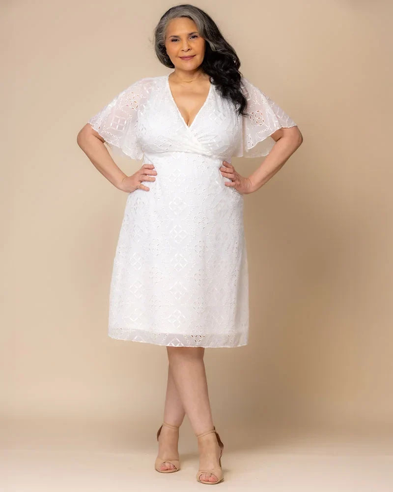 Stylish White Cocktail Dress for Women with V Neck Flutter Sleeve Eyelet Flared Midi Occasion Style