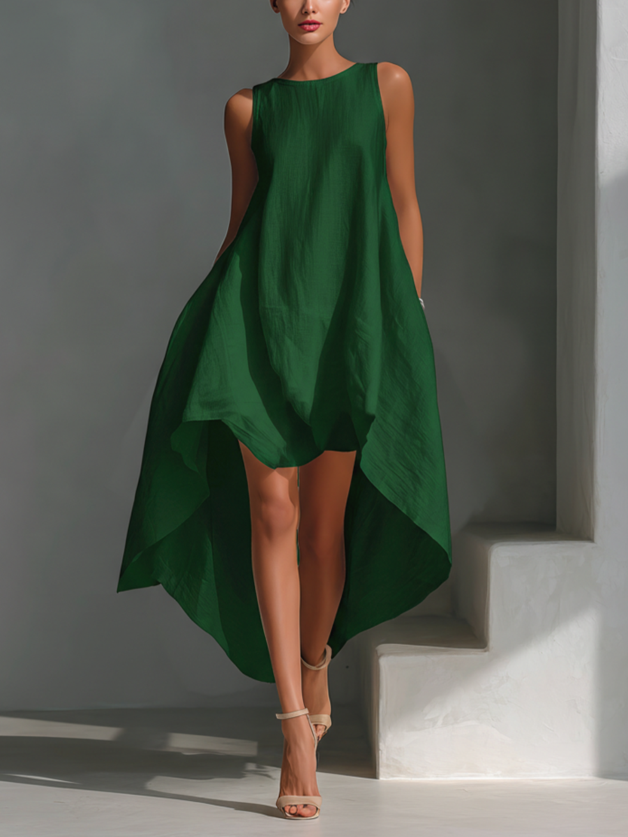 Effortless Linen High Low Dress for Women with Round Neck Sleeveless Flowing Asymmetrical Style