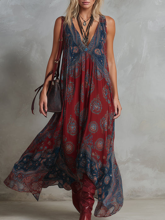 Elegant Wine Red Paisley Maxi Dress for Women with V Neck Sleeveless Flowing Bohemian Style