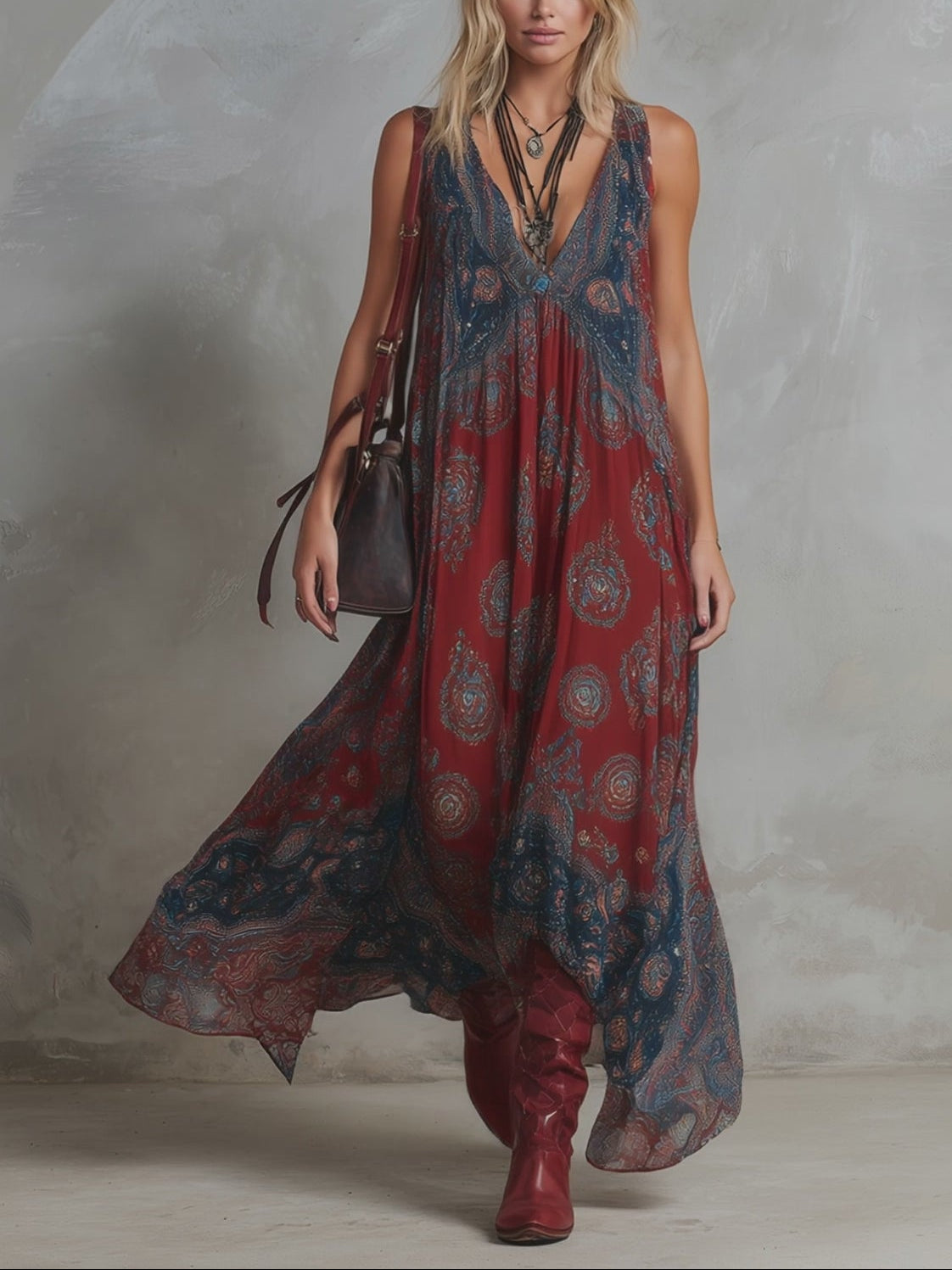 Elegant Wine Red Paisley Maxi Dress for Women with V Neck Sleeveless Flowing Bohemian Style