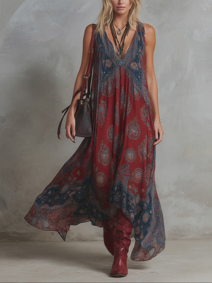 Elegant Wine Red Paisley Maxi Dress for Women with V Neck Sleeveless Flowing Bohemian Style