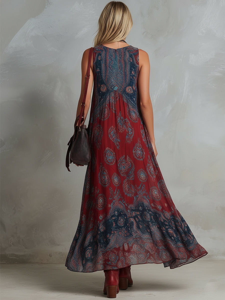 Elegant Wine Red Paisley Maxi Dress for Women with V Neck Sleeveless Flowing Bohemian Style