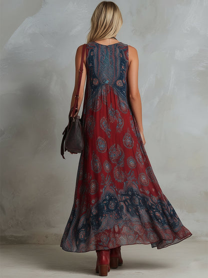 Elegant Wine Red Paisley Maxi Dress for Women with V Neck Sleeveless Flowing Bohemian Style
