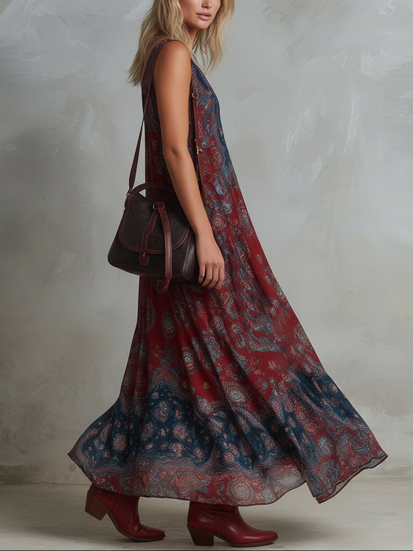 Elegant Wine Red Paisley Maxi Dress for Women with V Neck Sleeveless Flowing Bohemian Style