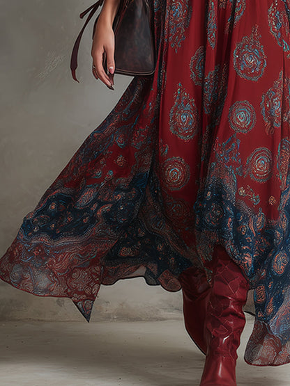 Elegant Wine Red Paisley Maxi Dress for Women with V Neck Sleeveless Flowing Bohemian Style