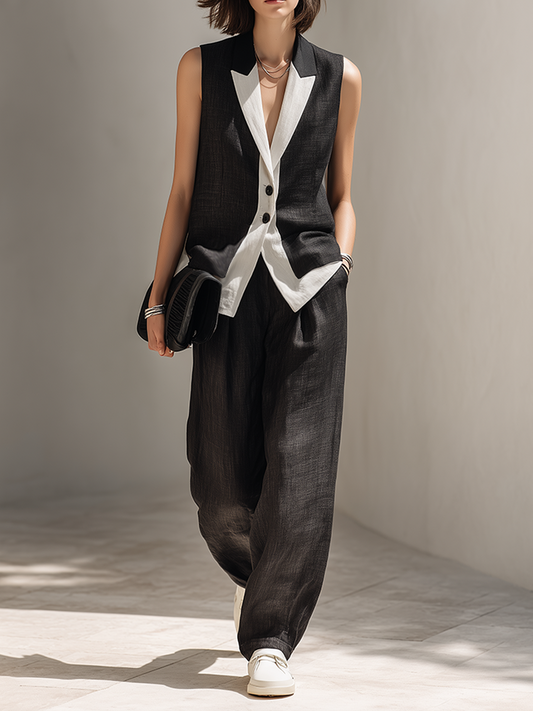 Elegant Black Linen Two Piece Set for Women with Notched Lapel Sleeveless Contrast Wide Leg Tailored Style