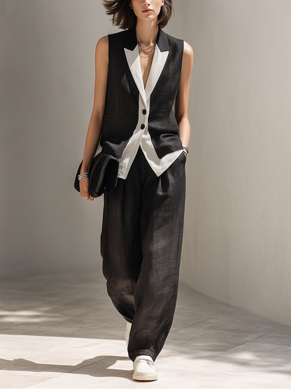 Elegant Black Linen Two Piece Set for Women with Notched Lapel Sleeveless Contrast Wide Leg Tailored Style