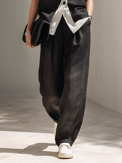 Elegant Black Linen Two Piece Set for Women with Notched Lapel Sleeveless Contrast Wide Leg Tailored Style
