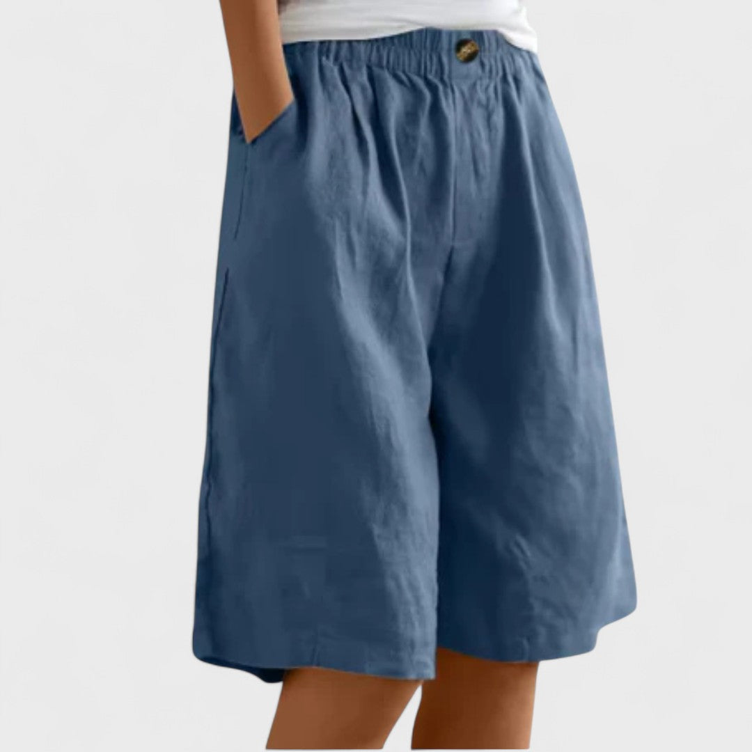 Effortless Linen Bermuda Shorts for Women with High Waist Elastic Button Wide Leg Casual Style