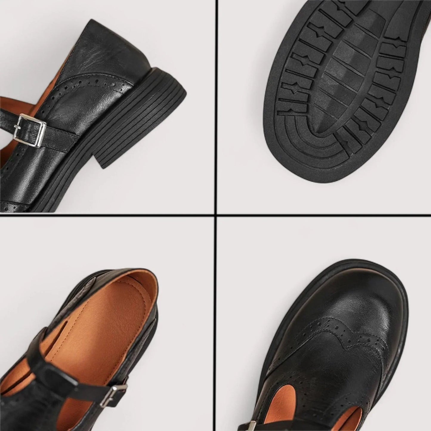 Comfortable Leather Mary Jane Shoes for Women with T Strap Buckle Wingtip Brogue Block Heel Style