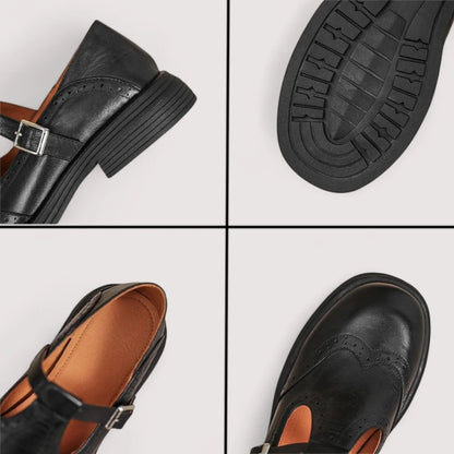 Comfortable Leather Mary Jane Shoes for Women with T Strap Buckle Wingtip Brogue Block Heel Style
