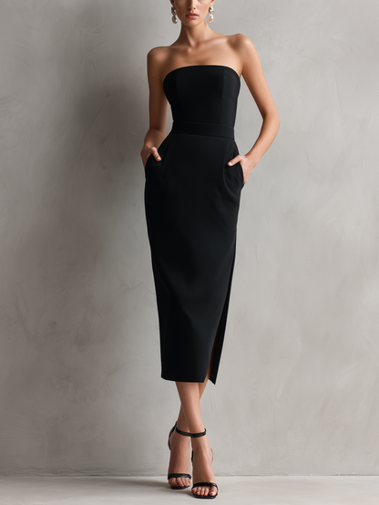 Elegant Black Midi Dress for Women with Strapless Bodycon Side Slit Cocktail Style